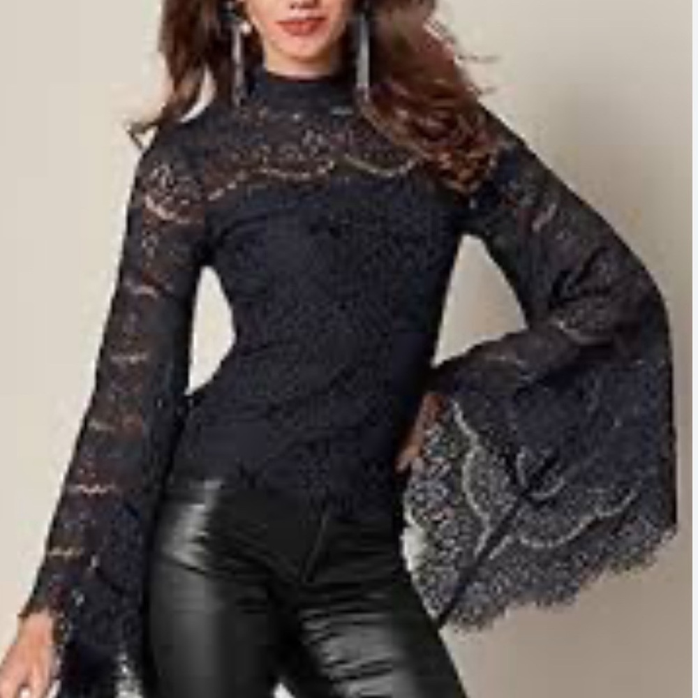 VENUS Black Lace High-Neck Bell-Sleeve Blouse - Picture 3 of 10
